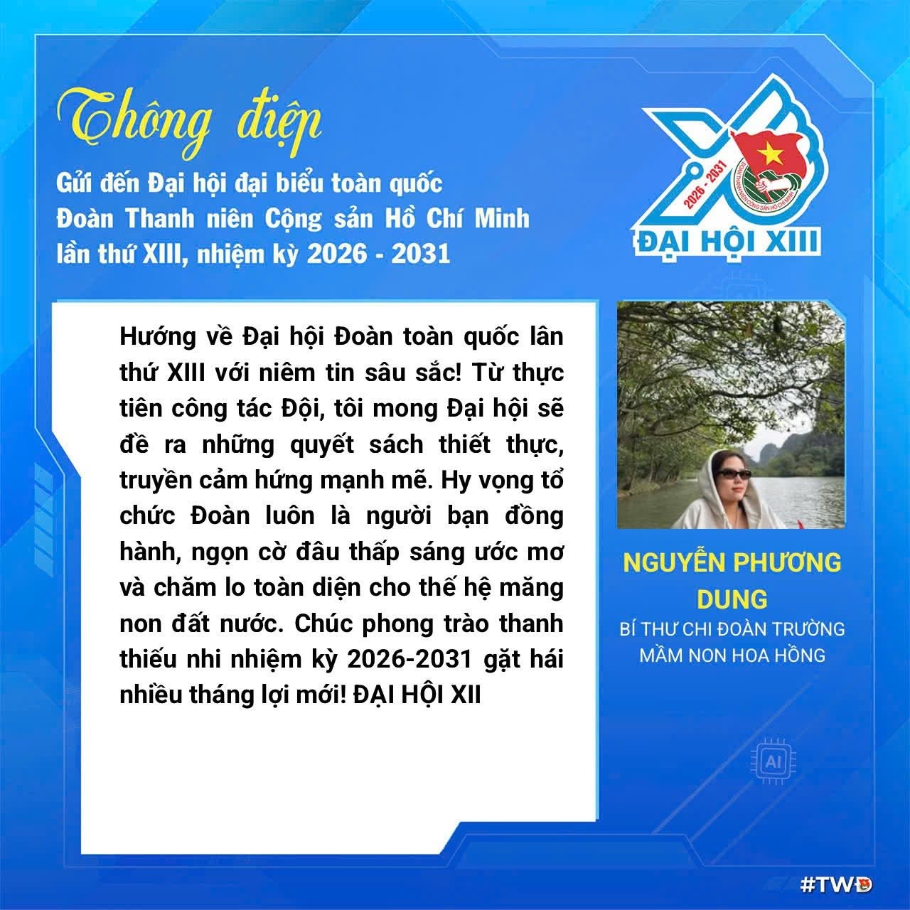 Đối với chị Nguyễn Phương Dung (B&iacute; thư Chi đo&agrave;n Trường Mầm non Hoa Hồng), điều mong mỏi lớn nhất l&agrave; Đại hội sẽ đề ra những quyết s&aacute;ch thiết thực, truyền cảm hứng mạnh mẽ tới đội ngũ c&aacute;n bộ Đo&agrave;n, gi&aacute;o vi&ecirc;n trẻ v&agrave; thanh thiếu nhi cả nước.

