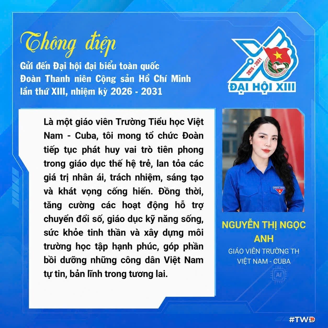 L&agrave; gi&aacute;o vi&ecirc;n Trường Tiểu học Việt Nam - Cuba, chị Nguyễn Thị Ngọc Anh mong muốn tổ chức Đo&agrave;n tiếp tục ph&aacute;t huy vai tr&ograve; ti&ecirc;n phong trong gi&aacute;o dục thế hệ trẻ, lan tỏa c&aacute;c gi&aacute; trị nh&acirc;n &aacute;i, tr&aacute;ch nhiệm, s&aacute;ng tạo v&agrave; kh&aacute;t vọng cống hiến.

B&ecirc;n cạnh đ&oacute;, chị kỳ vọng Đo&agrave;n sẽ tăng cường c&aacute;c hoạt động hỗ trợ chuyển đổi số, gi&aacute;o dục kỹ năng sống, chăm s&oacute;c sức khỏe tinh thần v&agrave; x&acirc;y dựng m&ocirc;i trường học tập hạnh ph&uacute;c cho thanh thiếu nhi.