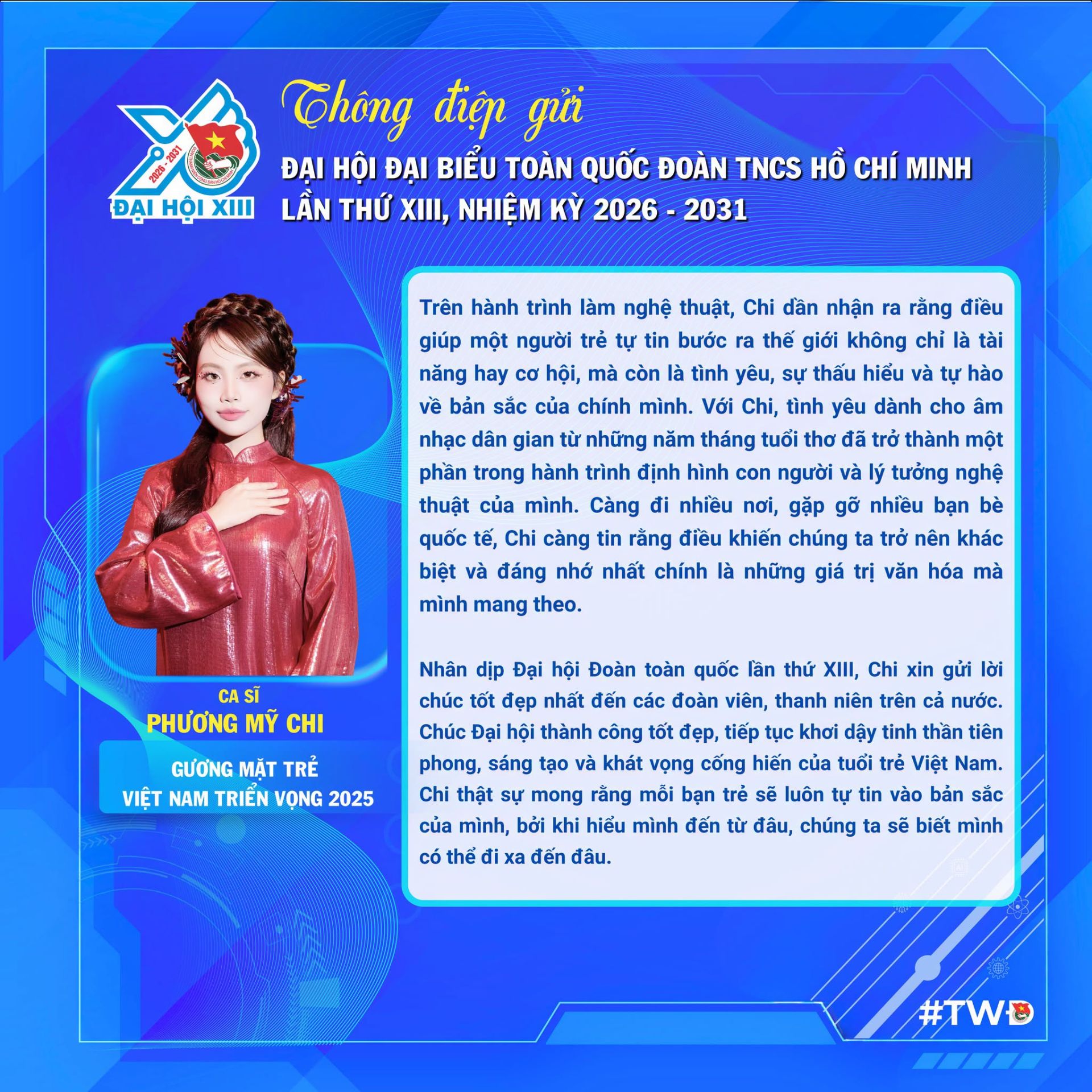 Ca sĩ Phương Mỹ Chi, Gương mặt trẻ Việt Nam triển vọng 2025, chia sẻ những kỳ vọng d&agrave;nh cho thanh ni&ecirc;n Việt Nam trong giai đoạn mới.