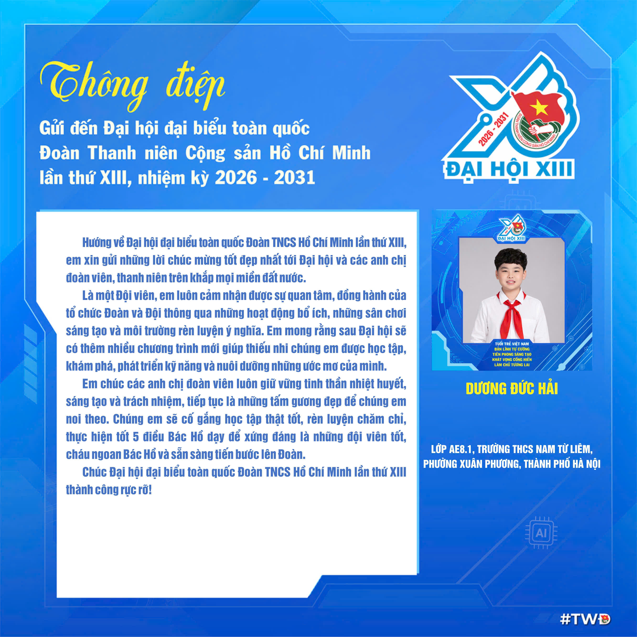 Bạn Dương Đức Hải (Trường THCS Nam Từ Li&ecirc;m, phường Xu&acirc;n Phương) kỳ vọng Đại hội sẽ tạo th&ecirc;m nhiều s&acirc;n chơi bổ &iacute;ch để thiếu nhi nu&ocirc;i dưỡng ước mơ v&agrave; ph&aacute;t huy năng lực của m&igrave;nh.