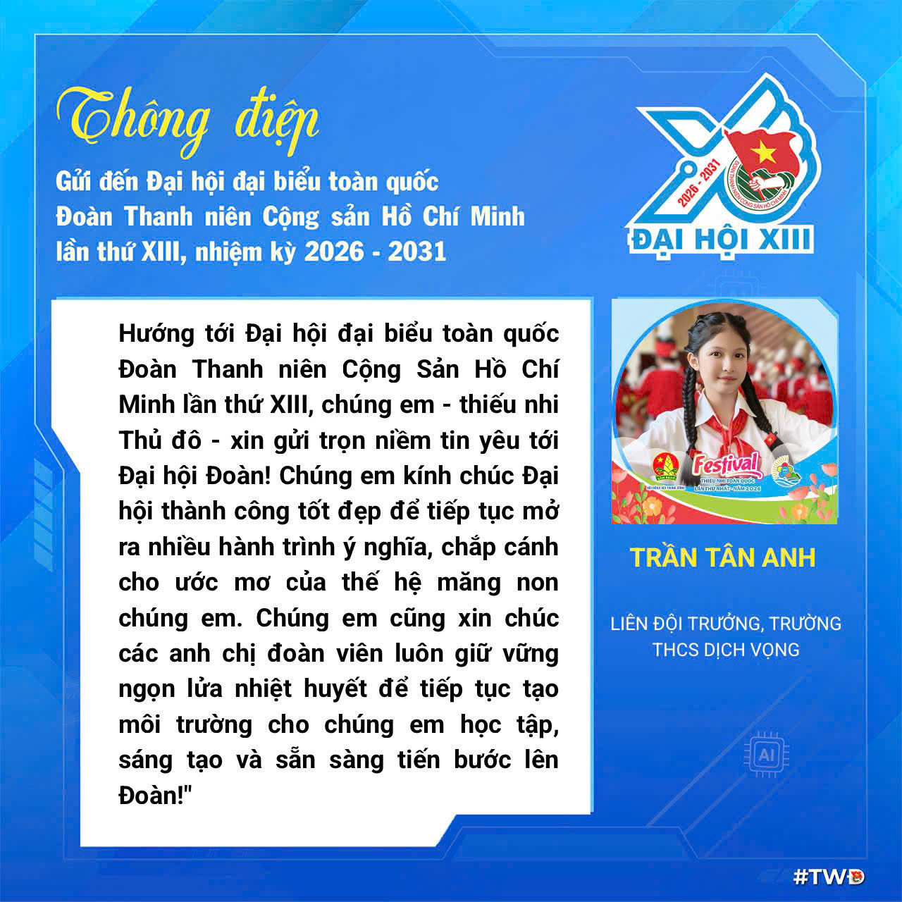 Bạn Trần T&acirc;n Anh (Li&ecirc;n đội trưởng Trường THCS Dịch Vọng, phường Cầu Giấy) b&agrave;y tỏ niềm tin v&agrave; mong muốn Đại hội sẽ tiếp tục mở ra nhiều cơ hội để thiếu nhi học tập, s&aacute;ng tạo v&agrave; ph&aacute;t triển to&agrave;n diện.