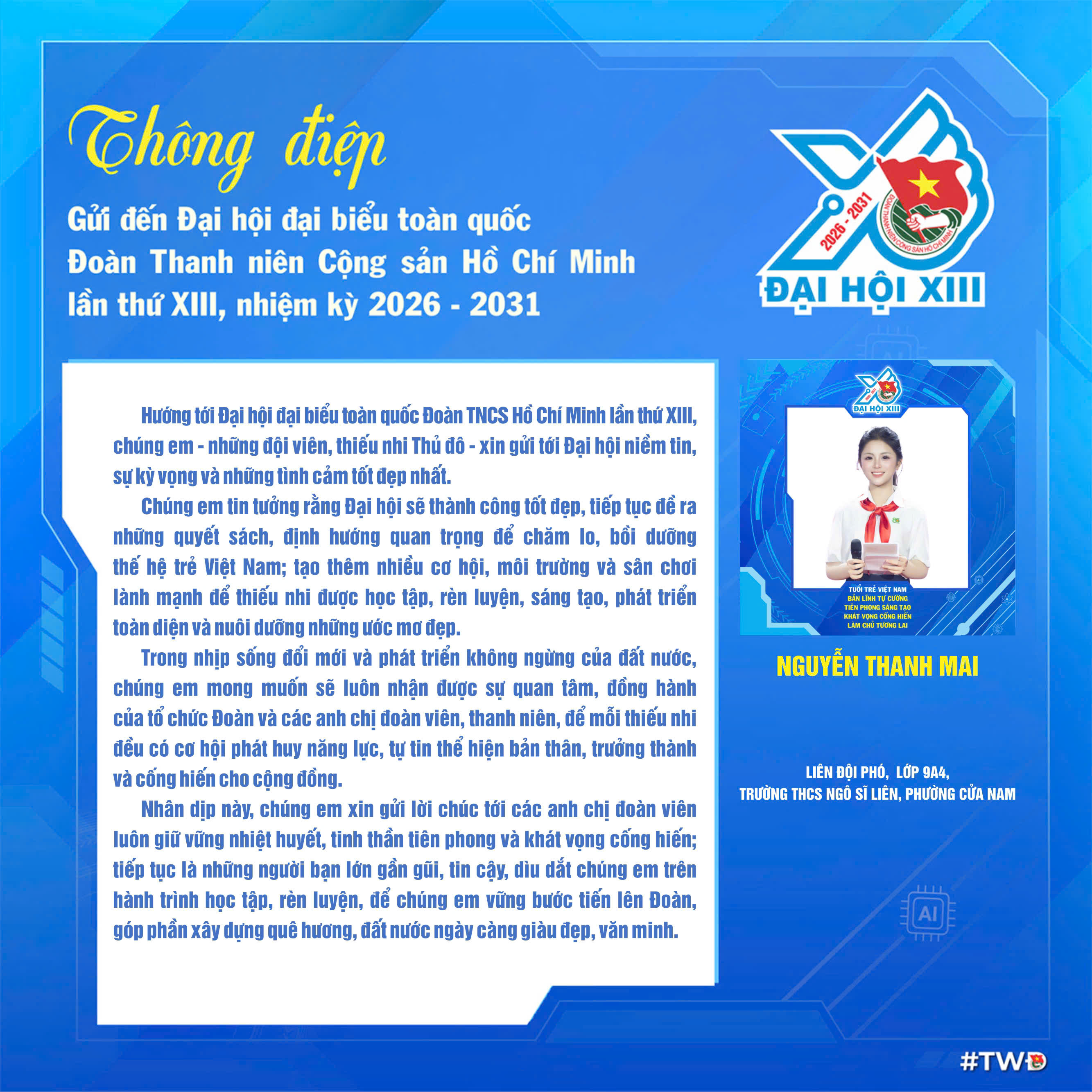 Bạn Nguyễn Thanh Mai (Trường THCS Ng&ocirc; Sĩ Li&ecirc;n, phường Cửa Nam) mong muốn tổ chức Đo&agrave;n sẽ tiếp tục đồng h&agrave;nh, chắp c&aacute;nh cho thiếu nhi tự tin học tập, r&egrave;n luyện v&agrave; trưởng th&agrave;nh.