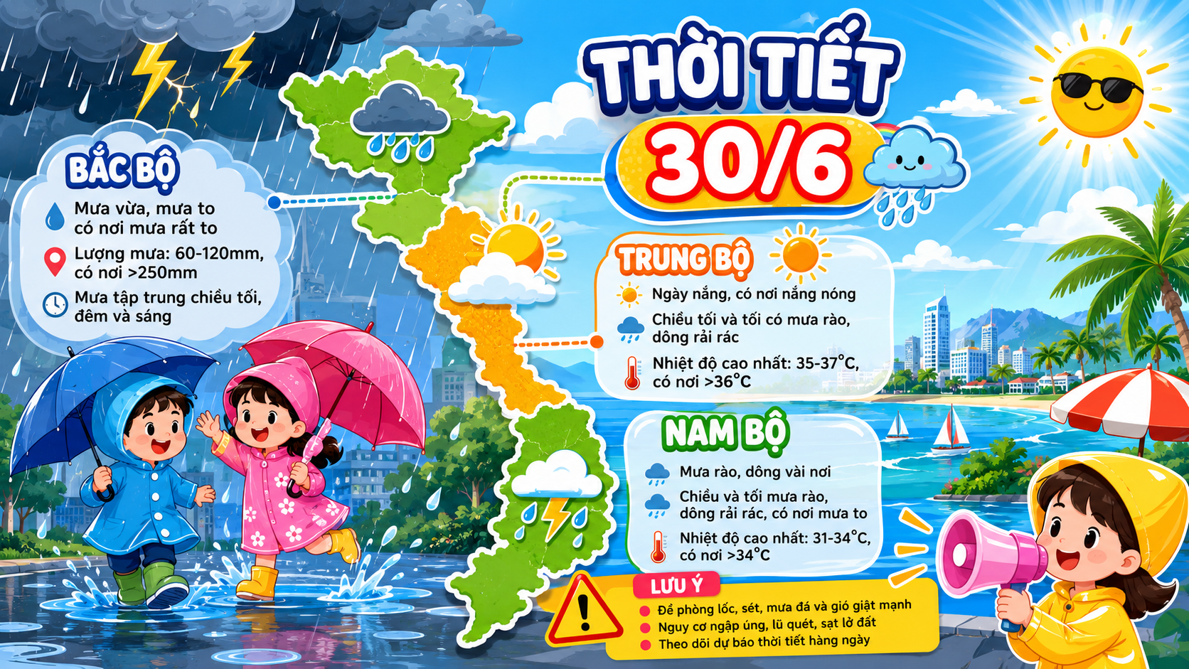 Thời tiết 30/6: Bắc Bộ mưa lớn, Trung Bộ có nơi nắng nóng