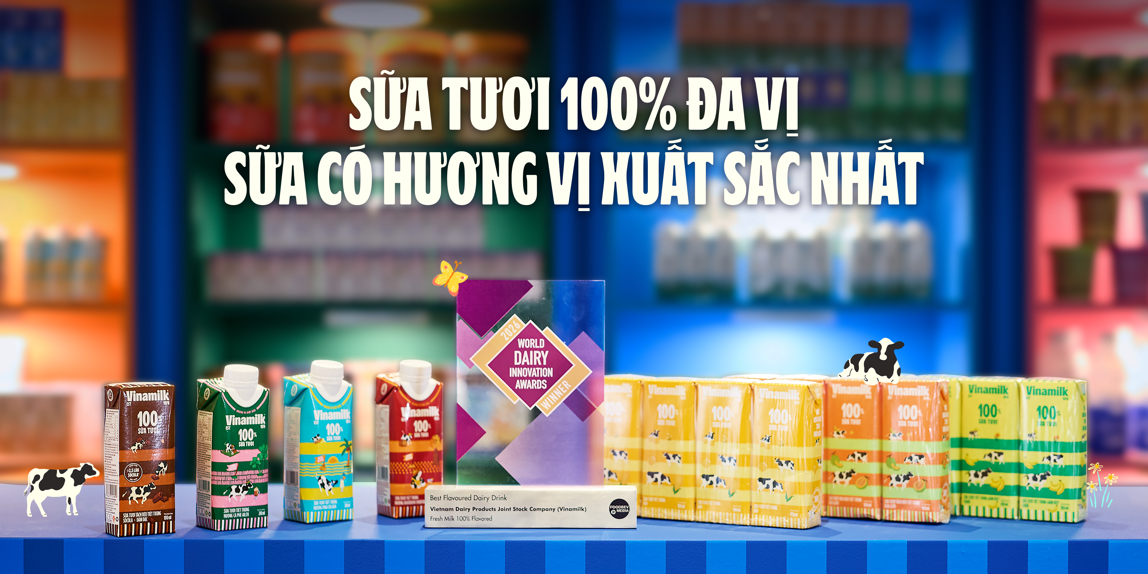 Sữa tươi Vinamilk 100% đa vị được vinh danh tại World Dairy Innovation Awards 2026 với hạng mục Sản phẩm sữa c&oacute; hương vị xuất sắc nhất.