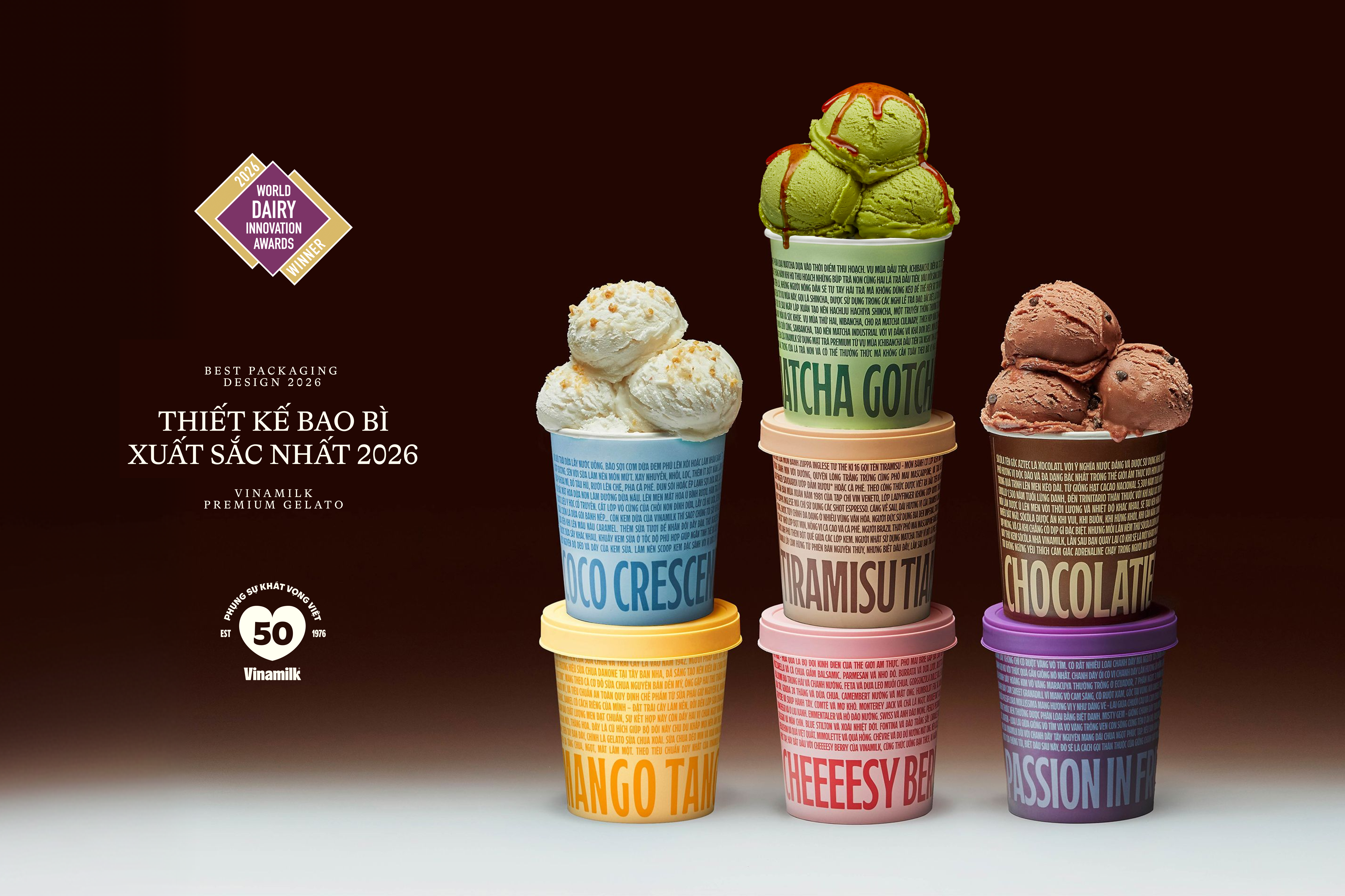 Quyết định t&aacute;o bạo đi ngược lối m&ograve;n trong thiết kế của ng&agrave;nh h&agrave;ng, đ&atilde; gi&uacute;p d&ograve;ng kem Gelato của Vinamilk mang về giải Thiết kế bao b&igrave; xuất sắc nhất.
