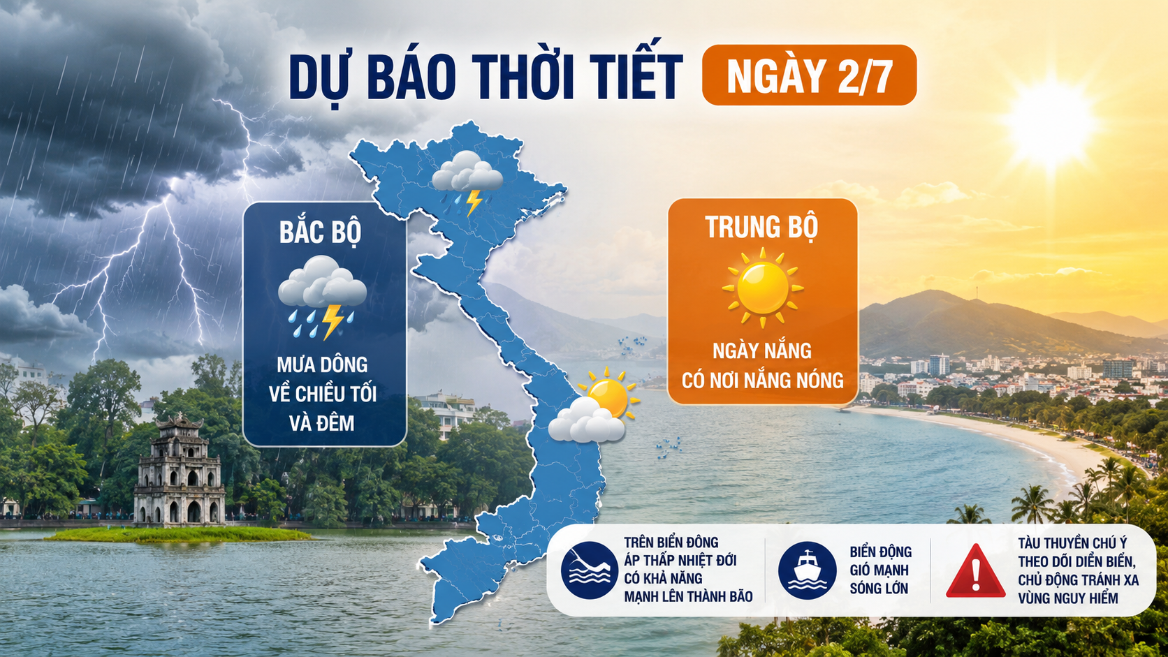 Thời tiết ngày 2/7: Bắc Bộ mưa dông về chiều tối, Trung Bộ nắng nóng