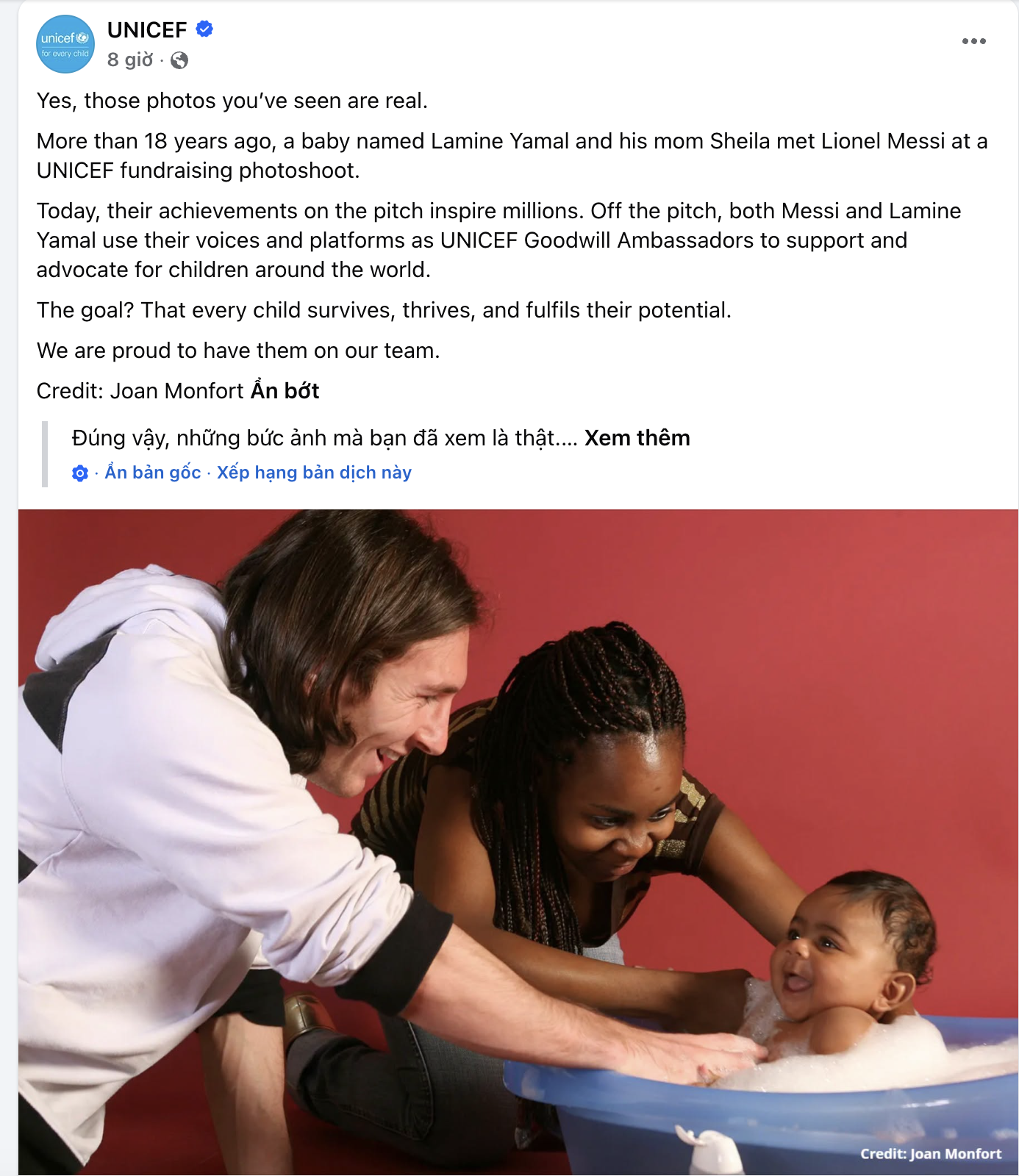 Trang chủ UNICEF đ&atilde; ch&iacute;nh thức x&aacute;c nhận về nguồn gốc của bức ảnh Messi tắm cho Yamal.