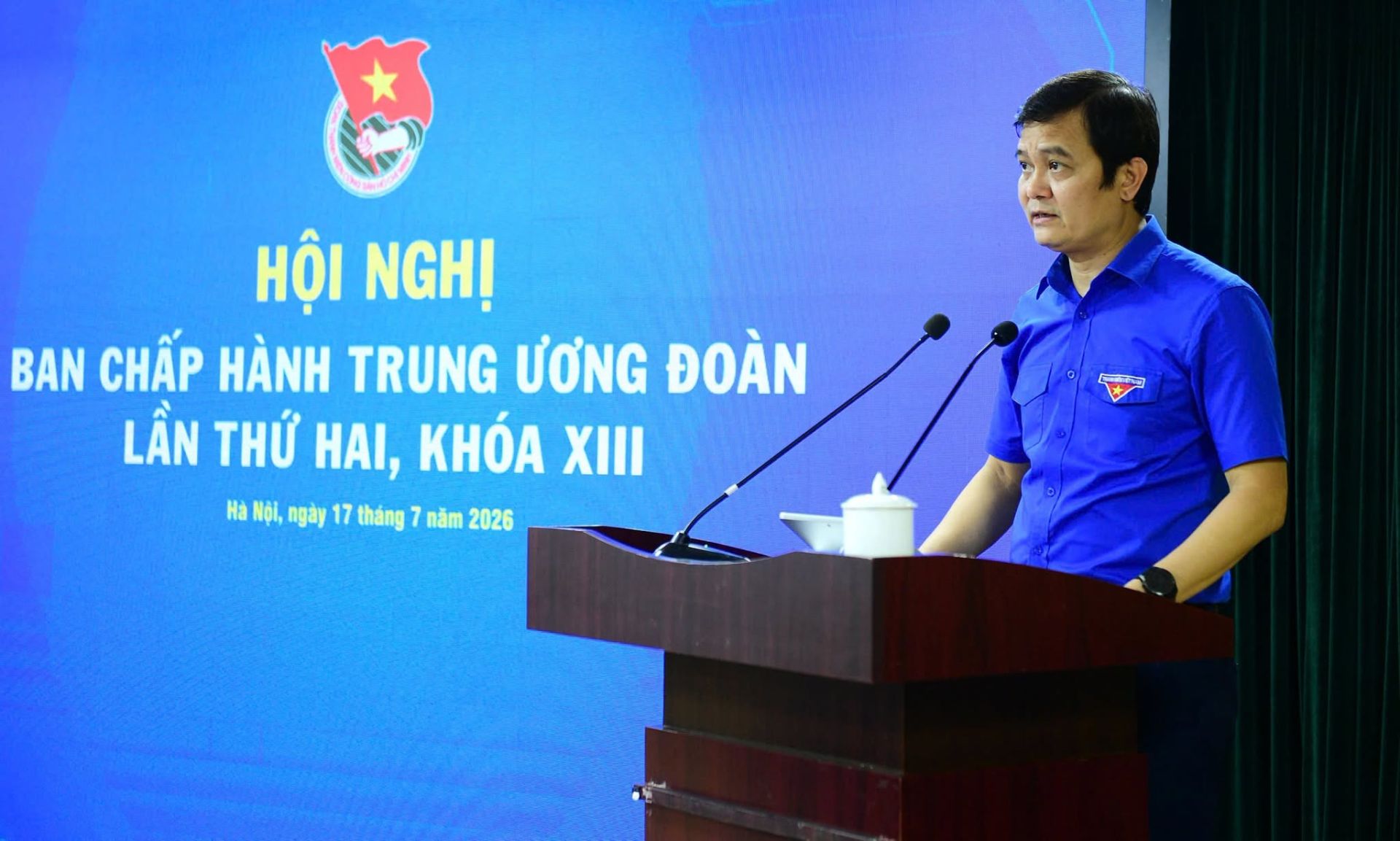 B&iacute; thư thứ nhất T.Ư Đo&agrave;n B&ugrave;i Quang Huy ph&aacute;t biểu khai mạc hội nghị.