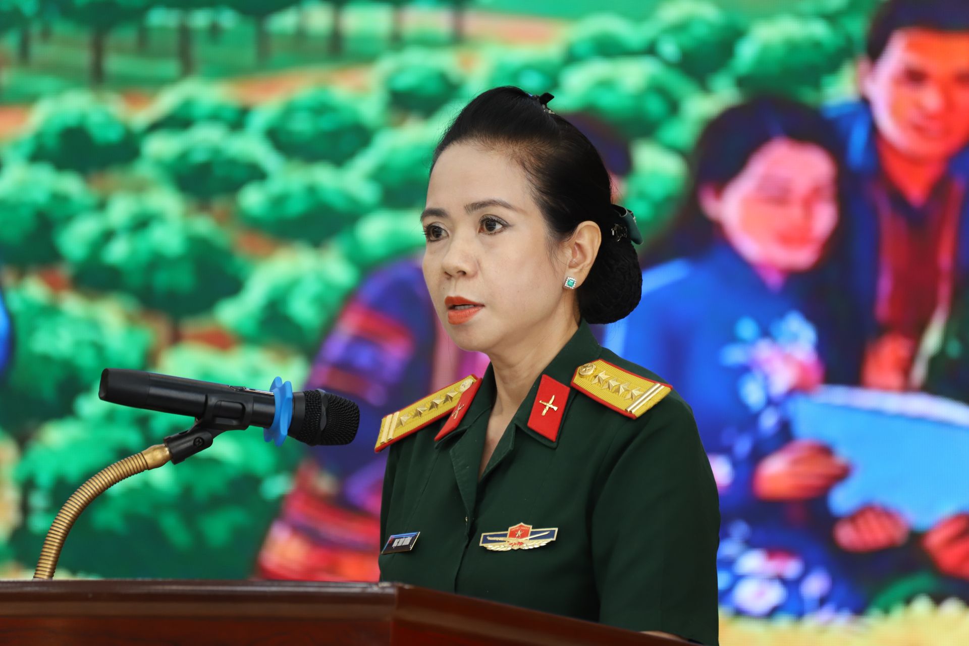 Đại t&aacute; Mạc Th&ugrave;y Dương, Gi&aacute;m đốc Thư viện Qu&acirc;n đội ph&aacute;t biểu tại lễ khai mạc triển l&atilde;m.