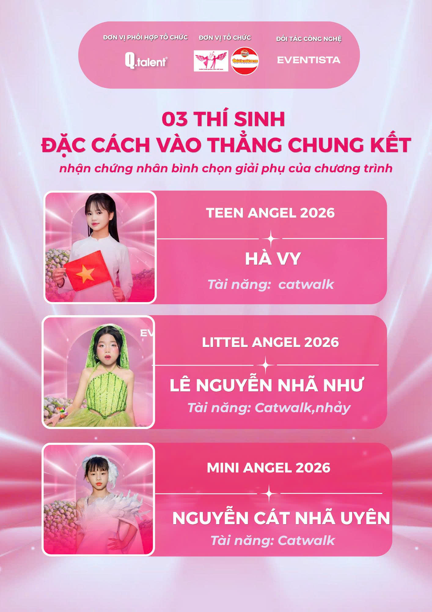 H&agrave; Vy, L&ecirc; Nguyễn Nh&atilde; Như v&agrave; Nguyễn C&aacute;t Nh&atilde; Uy&ecirc;n l&agrave; ba th&iacute; sinh được đặc c&aacute;ch v&agrave;o thẳng chung kết sau khi nhận chứng nhận b&igrave;nh chọn giải phụ của chương tr&igrave;nh.