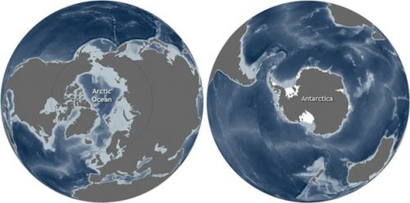 Vị tr&iacute; địa l&yacute; của Bắc Cực (tr&aacute;i) v&agrave; Nam Cực (phải) l&agrave; nguy&ecirc;n nh&acirc;n ch&iacute;nh tạo n&ecirc;n sự kh&aacute;c biệt về nhiệt độ.