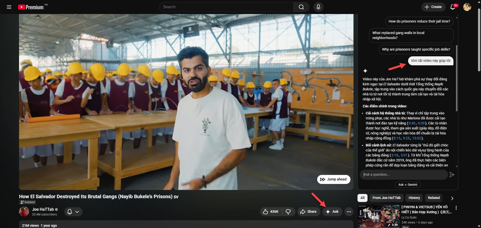N&uacute;t 'Ask' v&agrave; khung tr&ograve; chuyện với AI để 'xem' video bằng c&acirc;u lệnh.
