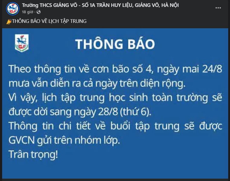 Trường THCS Giảng V&otilde; th&ocirc;ng b&aacute;o l&ugrave;i thời gian học sinh tập trung đến trường.