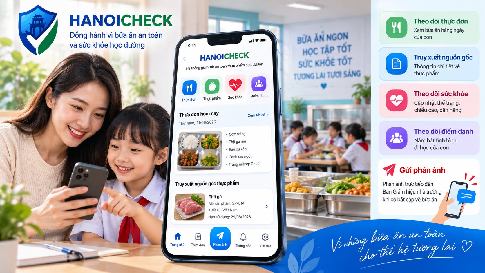 Phụ huynh có thể gửi phản ánh bữa ăn bán trú trên HanoiCheck