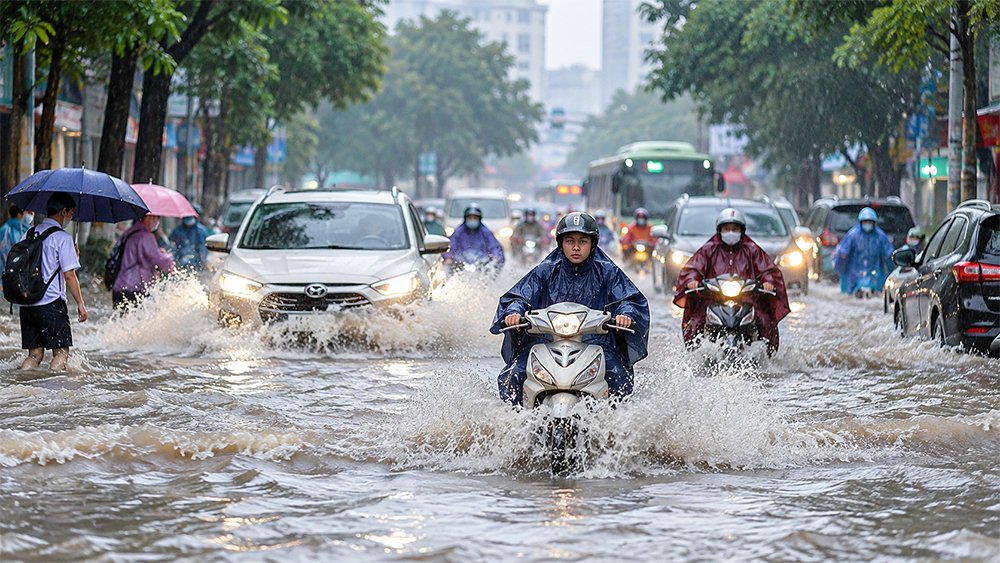 Mưa ngập, nhiều trường Hà Nội cho học sinh nghỉ hoặc học trực tuyến