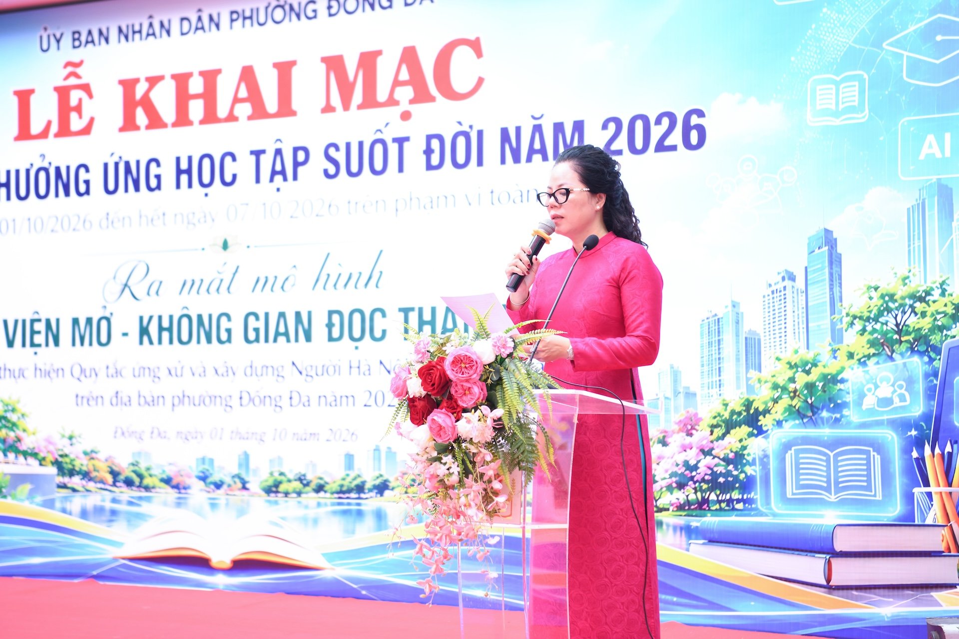 Vũ Mai Khanh - Trưởng ph&ograve;ng Văn ho&aacute; X&atilde; hội phường Đống Đa ph&aacute;t động Tuần lễ Hưởng ứng học tập suốt đời 2026  v&agrave; Ra mắt m&ocirc; h&igrave;nh 