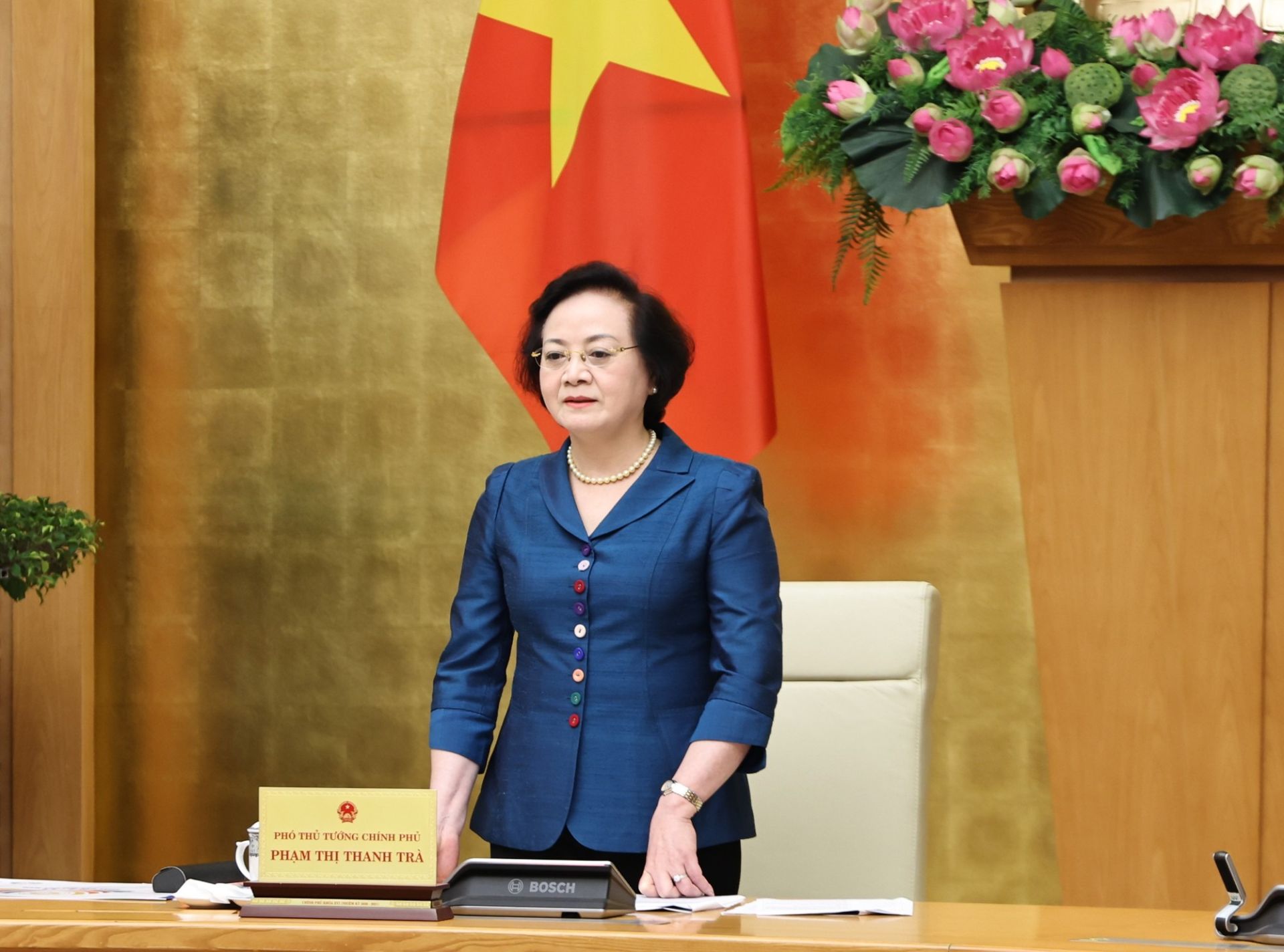 B&iacute; thư Trung ương Đảng, Ph&oacute; Thủ tướng Phạm Thị Thanh Tr&agrave; ph&aacute;t biểu tại Hội nghị. (Ảnh: chinhphu.vn/Thu Giang)