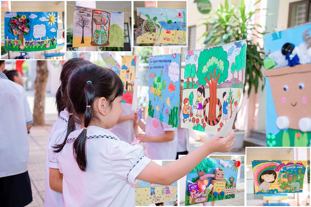 Những bức tranh s&aacute;ng tạo thể hiện g&oacute;c nh&igrave;n của học sinh về bảo vệ m&ocirc;i trường.